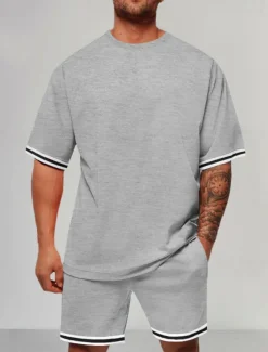 Men's Tracksuit Outfit Set Shorts Crew Neck Outdoor Daily Sports Pocket Drawstring 2 Piece Color Block Striped Black Red Navy Blue Polyester Activewear Classic Casual Summer