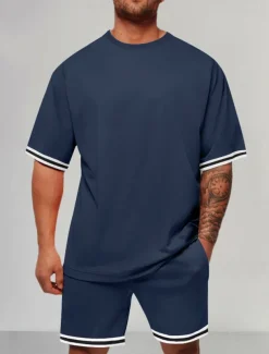 Men's Tracksuit Outfit Set Shorts Crew Neck Outdoor Daily Sports Pocket Drawstring 2 Piece Color Block Striped Black Red Navy Blue Polyester Activewear Classic Casual Summer