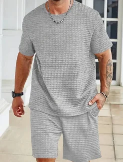 Men's Tracksuit Outfit Set Shorts Crew Neck Outdoor Daily Sports Pocket Drawstring 2 Piece Plain Black White Khaki Polyester Activewear Classic Casual Summer