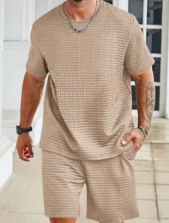 Men's Tracksuit Outfit Set Shorts Crew Neck Outdoor Daily Sports Pocket Drawstring 2 Piece Plain Black White Khaki Polyester Activewear Classic Casual Summer