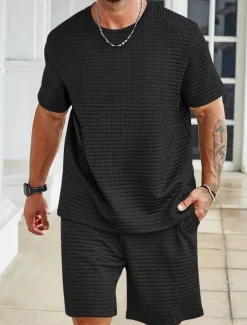 Men's Tracksuit Outfit Set Shorts Crew Neck Outdoor Daily Sports Pocket Drawstring 2 Piece Plain Black White Khaki Polyester Activewear Classic Casual Summer