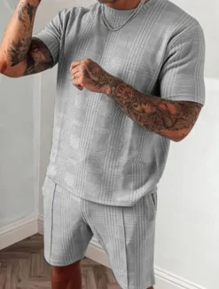 Men's Tracksuit Outfit Set Shorts Crew Neck Outdoor Daily Sports Pocket Drawstring 2 Piece Plain Black Blue Sky Blue Polyester Activewear Classic Casual Summer