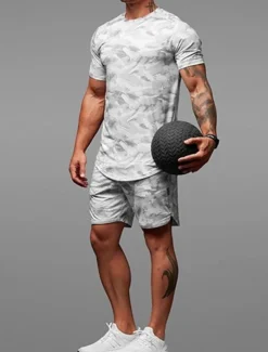 Men's Tracksuit Outfit Set Shorts Crew Neck Outdoor Daily Sports Pocket Drawstring 2 Piece Camouflage White Dark Grey Army Green Polyester Activewear Classic Casual Summer