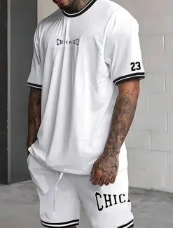 Men's Tracksuit Outfit Set Shorts Crew Neck Outdoor Daily Sports Pocket Drawstring 2 Piece Graphic Letter Black White Light Green Polyester Activewear Streetwear Casual Summer