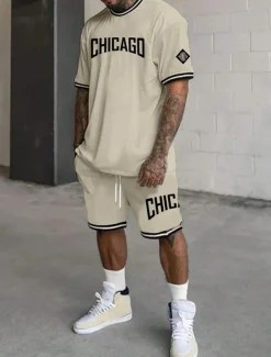 Men's Tracksuit Outfit Set Shorts Crew Neck Outdoor Daily Sports Pocket Drawstring 2 Piece Graphic Letter Black White Light Green Polyester Activewear Streetwear Casual Summer