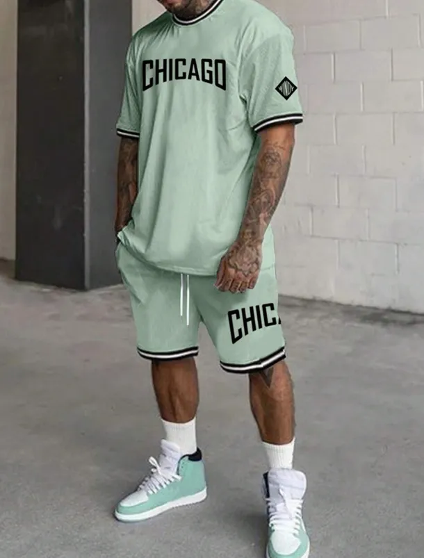 Men's Tracksuit Outfit Set Shorts Crew Neck Outdoor Daily Sports Pocket Drawstring 2 Piece Graphic Letter Black White Light Green Polyester Activewear Streetwear Casual Summer