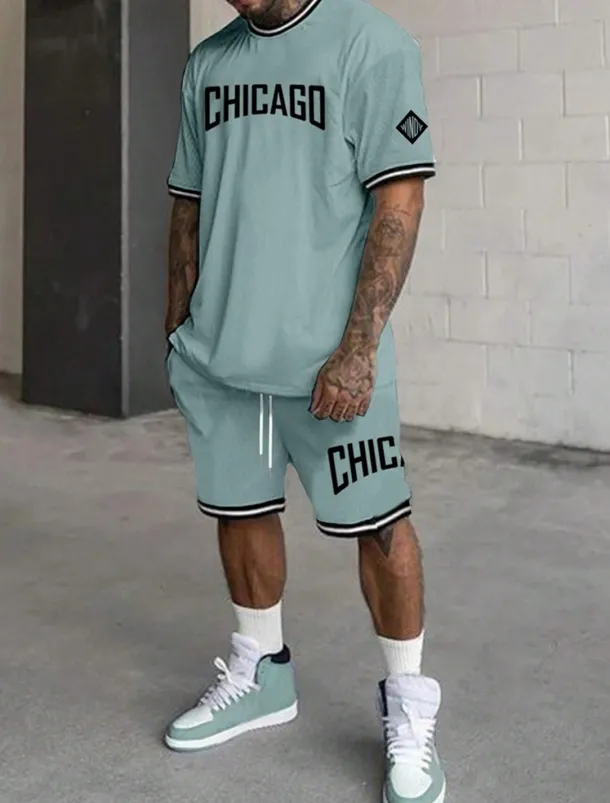 Men's Tracksuit Outfit Set Shorts Crew Neck Outdoor Daily Sports Pocket Drawstring 2 Piece Graphic Letter Black White Light Green Polyester Activewear Streetwear Casual Summer