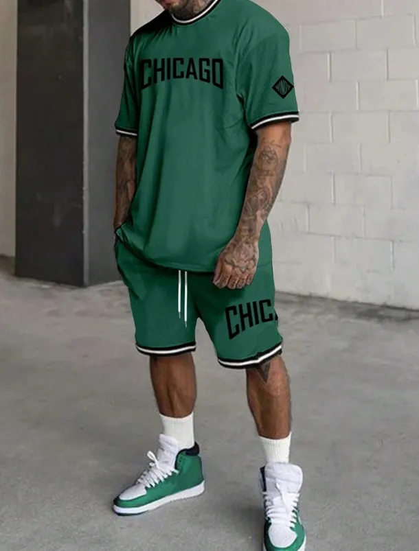 Men's Tracksuit Outfit Set Shorts Crew Neck Outdoor Daily Sports Pocket Drawstring 2 Piece Graphic Letter Black White Light Green Polyester Activewear Streetwear Casual Summer