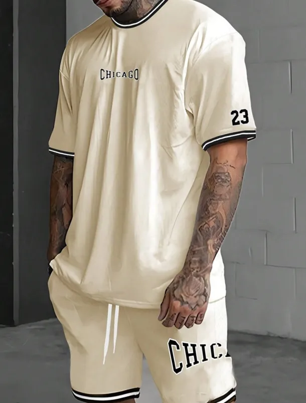 Men's Tracksuit Outfit Set Shorts Crew Neck Outdoor Daily Sports Pocket Drawstring 2 Piece Graphic Letter Black White Light Green Polyester Activewear Streetwear Casual Summer