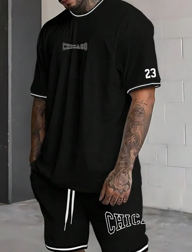 Men's Tracksuit Outfit Set Shorts Crew Neck Outdoor Daily Sports Pocket Drawstring 2 Piece Graphic Letter Black White Light Green Polyester Activewear Streetwear Casual Summer