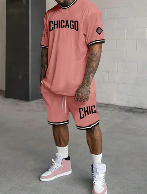 Men's Tracksuit Outfit Set Shorts Crew Neck Outdoor Daily Sports Pocket Drawstring 2 Piece Graphic Letter Black White Light Green Polyester Activewear Streetwear Casual Summer