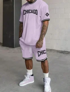 Men's Tracksuit Outfit Set Shorts Crew Neck Outdoor Daily Sports Pocket Drawstring 2 Piece Graphic Letter Black White Light Green Polyester Activewear Streetwear Casual Summer