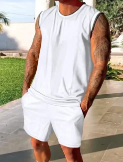 Men's Tracksuit Outfit Set Shorts Crew Neck Outdoor Daily Sports Pocket Drawstring 2 Piece Patchwork Black White Red Polyester Activewear Classic Casual Summer