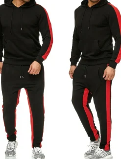 Men's Tracksuit Sweatsuit Activewear Set Pullover Hoodie Sweatshirt Jogging Suits Black White Yellow Red Dark Gray Hooded Solid Color Stripes Sports & Outdoor Going out Sportswear Sportswear Workout