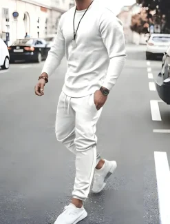 Men's Tracksuit Sweatsuit Jogging Suits Black White Pink Red Blue Crew Neck Solid Color Sports & Outdoor Sportswear Casual Clothing Apparel Hoodies Sweatshirts Long Sleeve