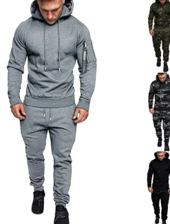 Men's Tracksuit Sweatsuit Black Dark Gray Light Grey Camouflage Gray Camouflage Green Hooded Sports & Outdoor Cool Winter Clothing Apparel Hoodies Sweatshirts Long Sleeve
