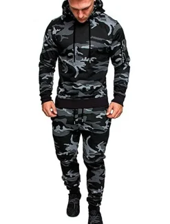 Men's Tracksuit Sweatsuit Black Dark Gray Light Grey Camouflage Gray Camouflage Green Hooded Sports & Outdoor Cool Winter Clothing Apparel Hoodies Sweatshirts Long Sleeve