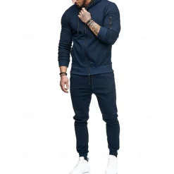 Men's Tracksuit Sweatsuit Dark Grey Black Army Green Burgundy Dark Navy Hoodie Solid Colored Drawstring 2 Piece Zipper Pocket Athletic Athleisure Fall Winter Clothing Apparel Hoodies Sweatshirts