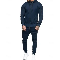 Men's Tracksuit Sweatsuit Dark Grey Black Army Green Burgundy Dark Navy Hoodie Solid Colored Drawstring 2 Piece Zipper Pocket Athletic Athleisure Fall Winter Clothing Apparel Hoodies Sweatshirts