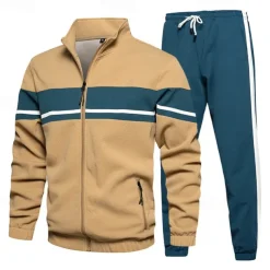 Men's Tracksuit Sweatsuit Full Zip Sweatshirt Black Green Khaki Standing Collar Color Block Patchwork 2 Piece Sports & Outdoor Daily Holiday Streetwear Basic Casual Spring & Fall Clothing Apparel