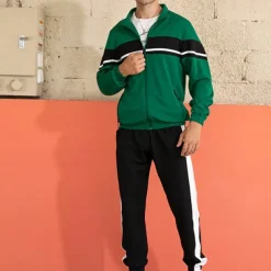 Men's Tracksuit Sweatsuit Full Zip Sweatshirt Black Green Khaki Standing Collar Color Block Patchwork 2 Piece Sports & Outdoor Daily Holiday Streetwear Basic Casual Spring & Fall Clothing Apparel