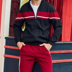 Men's Tracksuit Sweatsuit Full Zip Sweatshirt Black Green Khaki Standing Collar Color Block Patchwork 2 Piece Sports & Outdoor Daily Holiday Streetwear Basic Casual Spring & Fall Clothing Apparel