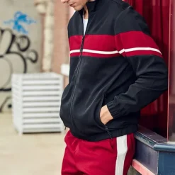 Men's Tracksuit Sweatsuit Full Zip Sweatshirt Black Green Khaki Standing Collar Color Block Patchwork 2 Piece Sports & Outdoor Daily Holiday Streetwear Basic Casual Spring & Fall Clothing Apparel