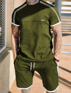 Men's Tracksuit T shirt & Shorts Outfit Set Crew Neck Outdoor Daily Sports Pocket Drawstring Patchwork Black Red Light Grey Polyester Activewear Streetwear Lightweight Summer