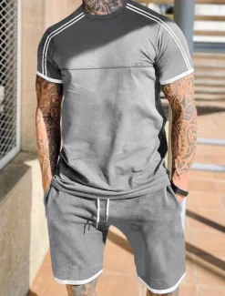 Men's Tracksuit T shirt & Shorts Outfit Set Crew Neck Outdoor Daily Sports Pocket Drawstring Patchwork Black Red Light Grey Polyester Activewear Streetwear Lightweight Summer