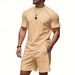 Men's Tracksuit T shirt & Shorts Outfit Set Crew Neck Outdoor Daily Sports Pocket Drawstring Plain Black Brown Light Grey Polyester Activewear Streetwear Lightweight Summer