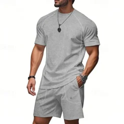 Men's Tracksuit T shirt & Shorts Outfit Set Crew Neck Outdoor Daily Sports Pocket Drawstring Plain Black Brown Light Grey Polyester Activewear Streetwear Lightweight Summer
