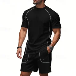 Men's Tracksuit T shirt & Shorts Outfit Set Crew Neck Outdoor Daily Sports Pocket Drawstring Plain Black Brown Light Grey Polyester Activewear Streetwear Lightweight Summer