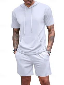 Men's Tracksuit T shirt & Shorts Outfit Set Hoodie Outdoor Daily Sports Pocket Drawstring Plain Wine Red Black White Polyester Activewear Streetwear Lightweight Summer