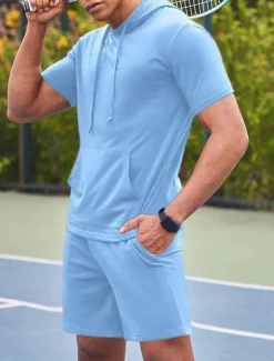 Men's Tracksuit T shirt & Shorts Outfit Set Hoodie Outdoor Daily Sports Pocket Drawstring Plain Wine Red Black White Polyester Activewear Streetwear Lightweight Summer