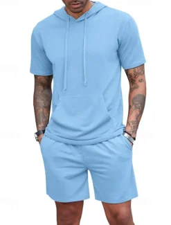 Men's Tracksuit T shirt & Shorts Outfit Set Hoodie Outdoor Daily Sports Pocket Drawstring Plain Wine Red Black White Polyester Activewear Streetwear Lightweight Summer