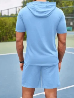 Men's Tracksuit T shirt & Shorts Outfit Set Hoodie Outdoor Daily Sports Pocket Drawstring Plain Wine Red Black White Polyester Activewear Streetwear Lightweight Summer