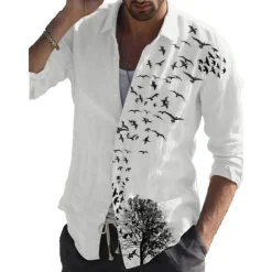 Men's Tree Bird Shirt Button Up Shirt Long Sleeve Fashion Designer Casual Outdoor Casual Daily Spring & Fall Turndown Print Button-Down White