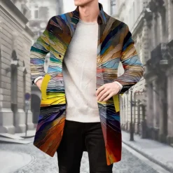 Men's Tree Glass Winter Coat Fleece Jacket Overcoat Thermal Comfortable Artistic Casual Outdoor Street Daily Wear Buttons 3D Print Front Pocket Winter Turndown Long Sleeve Rainbow