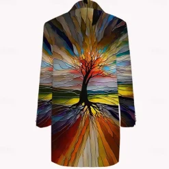 Men's Tree Glass Winter Coat Fleece Jacket Overcoat Thermal Comfortable Artistic Casual Outdoor Street Daily Wear Buttons 3D Print Front Pocket Winter Turndown Long Sleeve Rainbow