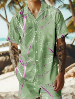 Men's Trees / Leaves 2pcs Shirts Sets Summer Hawaiian Shirt Short Sleeve Short Pants Cuban Collar Vacation Party Casual Daily 3D Print Summer Lake blue Violet Green