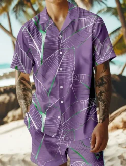 Men's Trees / Leaves 2pcs Shirts Sets Summer Hawaiian Shirt Short Sleeve Short Pants Cuban Collar Vacation Party Casual Daily 3D Print Summer Lake blue Violet Green
