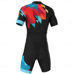 Men's Triathlon Tri Suit Short Sleeve Mountain Bike MTB Road Bike Cycling Black Yellow Red Geometic Bike Clothing Suit 3D Pad Breathable Quick Dry Back Pocket Polyester Spandex Sports Geometic