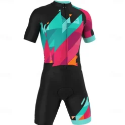 Men's Triathlon Tri Suit Short Sleeve Mountain Bike MTB Road Bike Cycling Black Yellow Red Geometic Bike Clothing Suit 3D Pad Breathable Quick Dry Back Pocket Polyester Spandex Sports Geometic