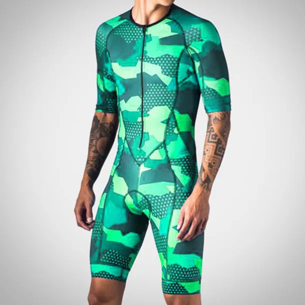 Men's Triathlon Tri Suit Short Sleeve Road Bike Cycling Triathlon Red Blue Green Camo / Camouflage Bike Clothing Suit UV Resistant Breathable Quick Dry Sweat wicking Polyester Spandex Sports Camo