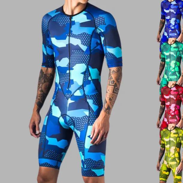 Men's Triathlon Tri Suit Short Sleeve Road Bike Cycling Triathlon Red Blue Green Camo / Camouflage Bike Clothing Suit UV Resistant Breathable Quick Dry Sweat wicking Polyester Spandex Sports Camo