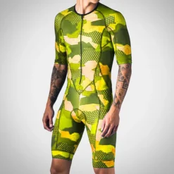 Men's Triathlon Tri Suit Short Sleeve Road Bike Cycling Triathlon Red Blue Green Camo / Camouflage Bike Clothing Suit UV Resistant Breathable Quick Dry Sweat wicking Polyester Spandex Sports Camo