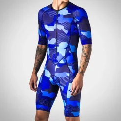 Men's Triathlon Tri Suit Short Sleeve Road Bike Cycling Triathlon Red Blue Green Camo / Camouflage Bike Clothing Suit UV Resistant Breathable Quick Dry Sweat wicking Polyester Spandex Sports Camo
