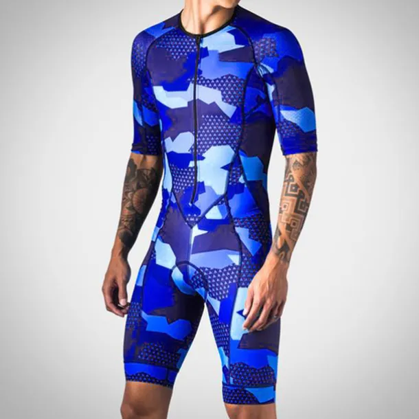 Men's Triathlon Tri Suit Short Sleeve Road Bike Cycling Triathlon Red Blue Green Camo / Camouflage Bike Clothing Suit UV Resistant Breathable Quick Dry Sweat wicking Polyester Spandex Sports Camo
