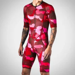 Men's Triathlon Tri Suit Short Sleeve Road Bike Cycling Triathlon Red Blue Green Camo / Camouflage Bike Clothing Suit UV Resistant Breathable Quick Dry Sweat wicking Polyester Spandex Sports Camo