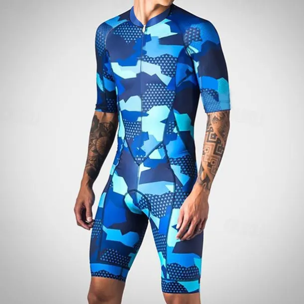 Men's Triathlon Tri Suit Short Sleeve Road Bike Cycling Triathlon Red Blue Green Camo / Camouflage Bike Clothing Suit UV Resistant Breathable Quick Dry Sweat wicking Polyester Spandex Sports Camo